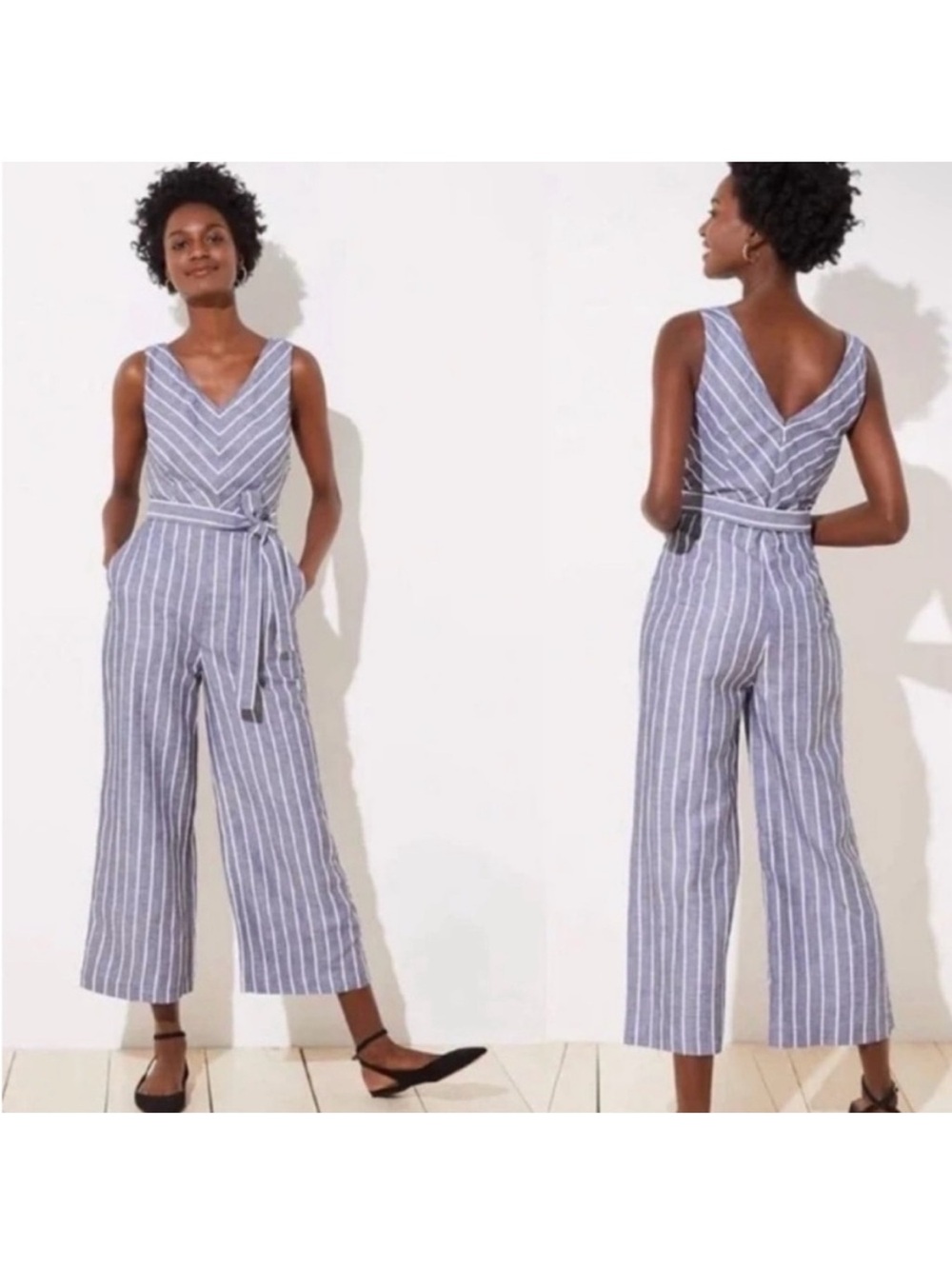 LOFT Blue and White Striped Sleeveless Jumpsuit